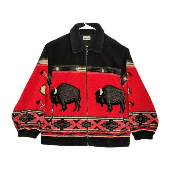 Vintage 90s Fleece Jacket Womens 2XL Native Southwestern Buffalo - Picture 1 of 12